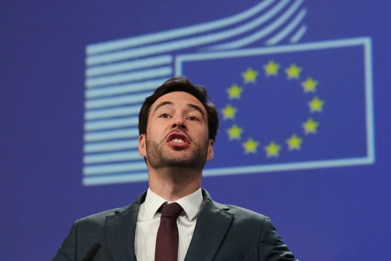 European Commission spokesman Thomas Regnier speaks during a media conference regarding a fine against Google at EU headquarters in Brussels, Thursday, July 23, 2026. (AP Photo/Virginia Mayo)