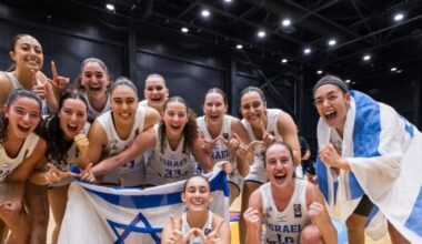 Israel’s U20 women’s basketball team celebrates its silver medal win on the court at European Championship in Lithuania July 12.