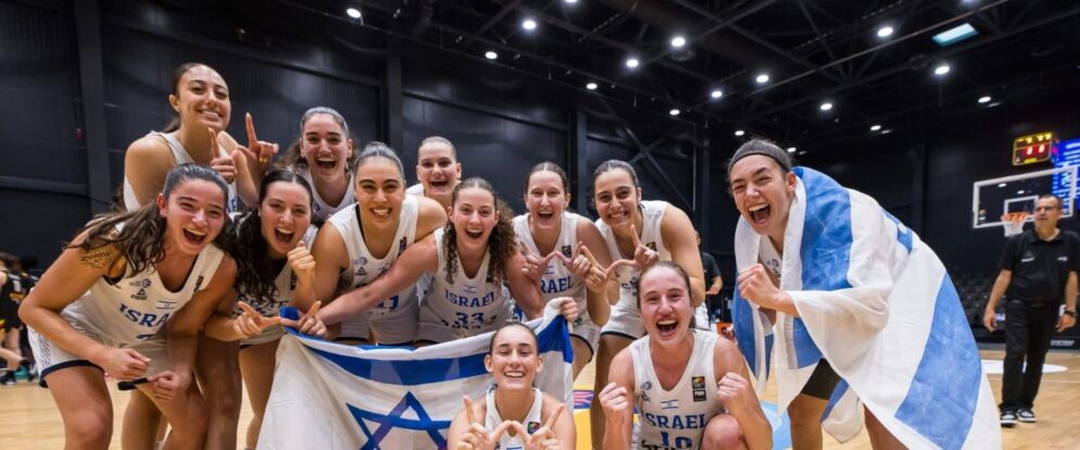 Israel’s U20 women’s basketball team celebrates its silver medal win on the court at European Championship in Lithuania July 12.
