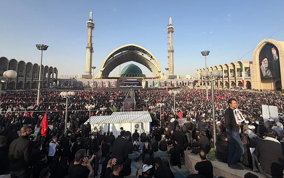 Mourners gather at the Grand Mosalla to pay their final respects to Ayatollah Ali Khamenei at the start of his funeral ceremonies in Tehran