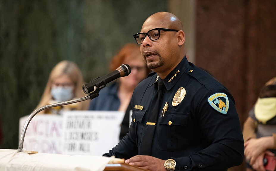 Madison Police Chief Shon Barnes speaks at a press event