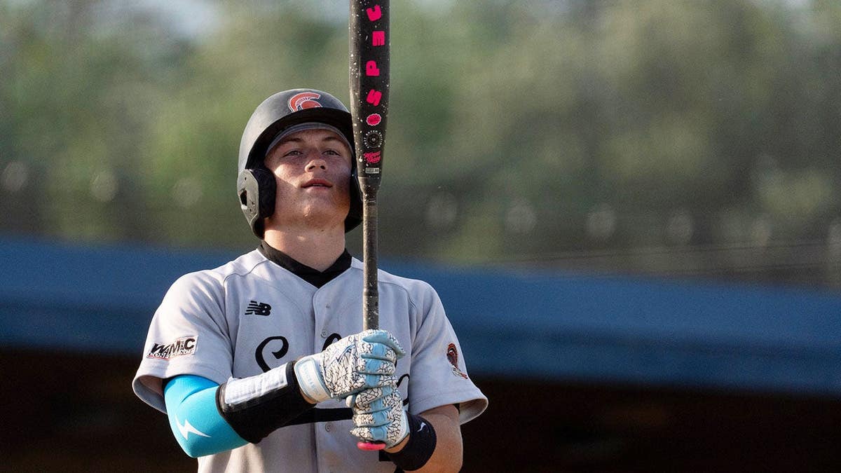 Solonís Maddox Kelley (2) prepares to bat against Clear Creek Amana July 2, 2026 during a high school baseball game in Tiffin, Iowa.