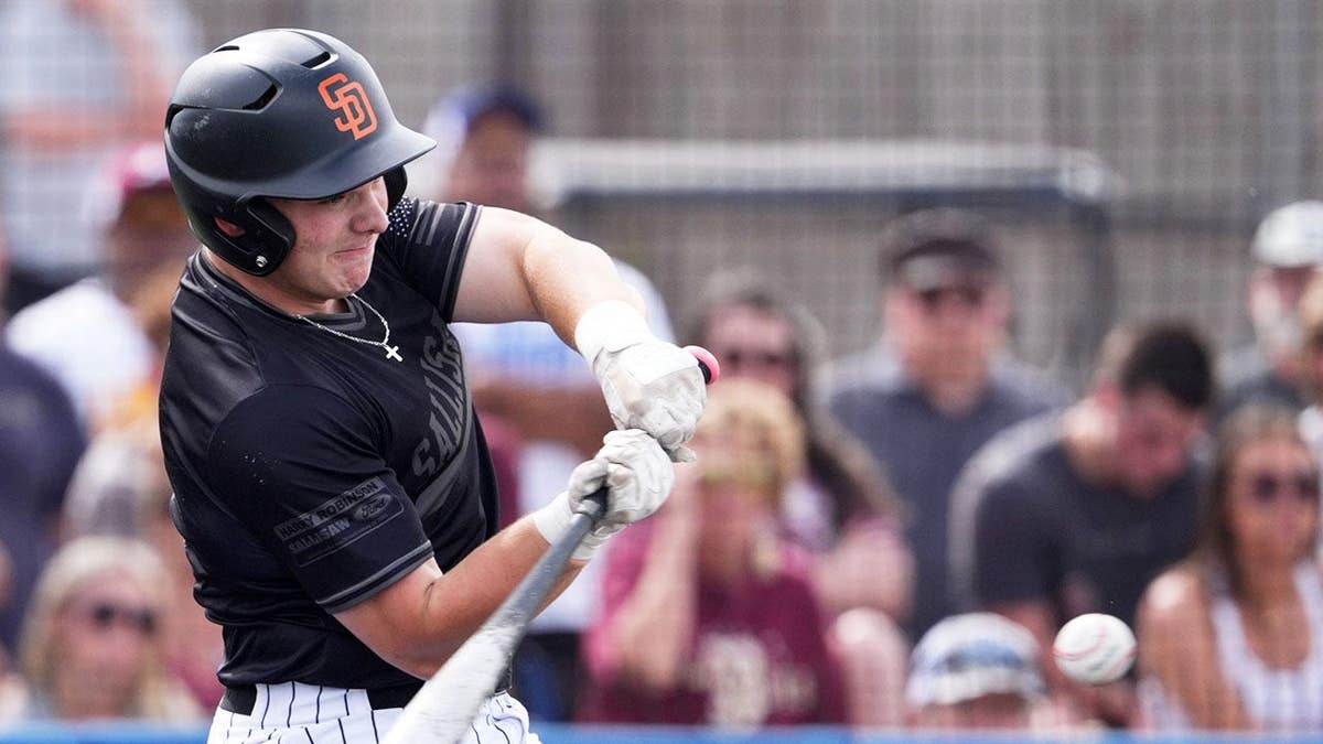 Sallisaw's Carson Sharp hits walk-off home run during a Class 4A high school playoff baseball game between Sallisaw and Blanchard at Noble High School in Noble, Okla., May, 14, 2026.