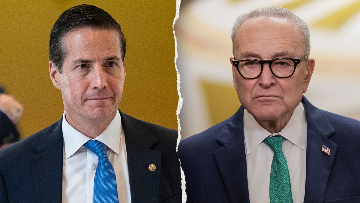Sen. Bernie Moreno, R-Ohio, and Senate Minority Leader Chuck Schumer, D-N.Y., split