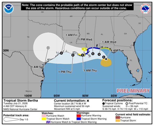 Tropical Storm Bertha's cone of uncertainty as of 5 a.m. EDT Tuesday, July 21, 2026. (NHC)