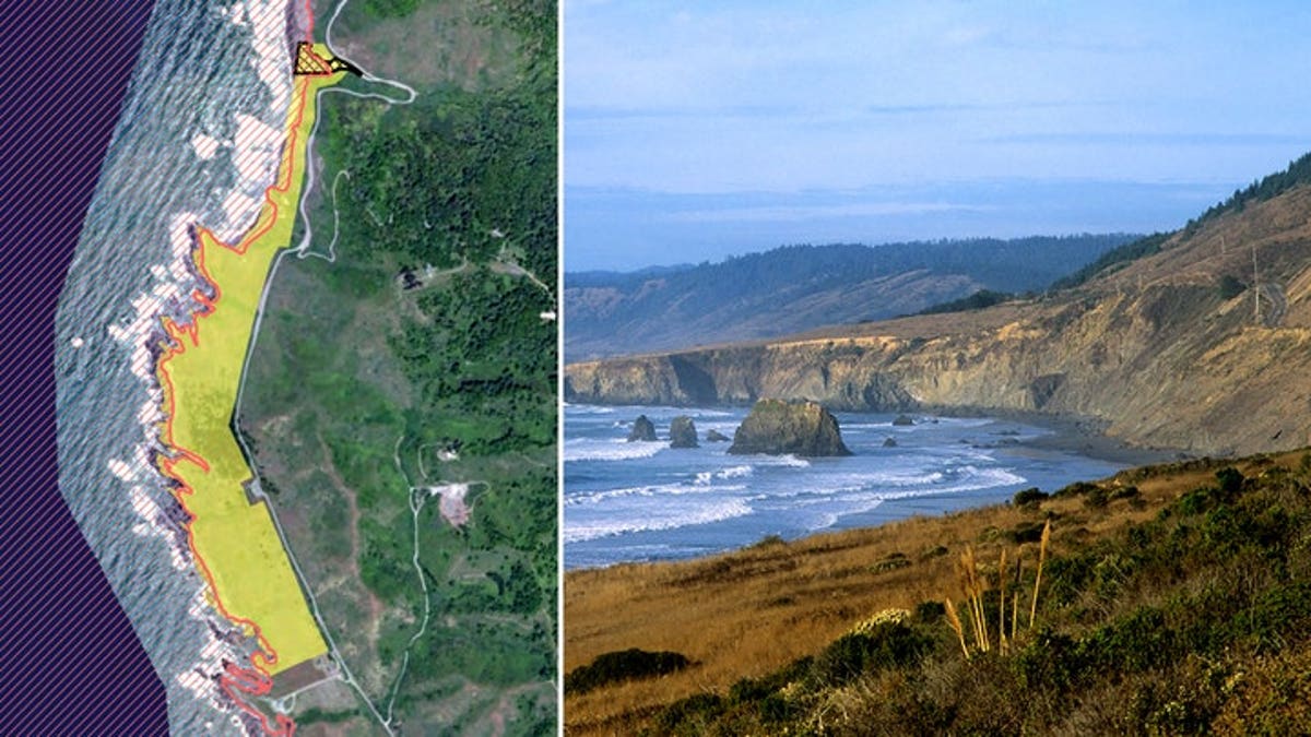 a Blues Beach Project map and a view of the Mendocino, California, coast