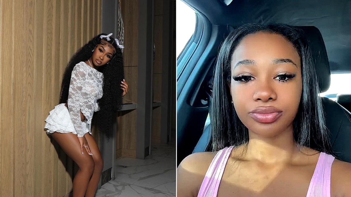 Two photos side by side of Brianna posing in a white outfit and her in a car