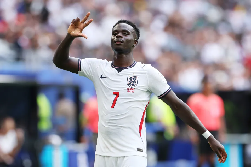 Bukayo Saka celebrates scoring third goal against France