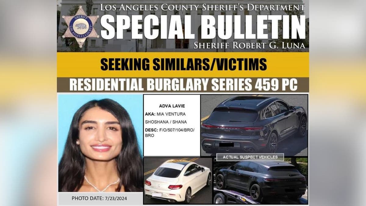 Los Angeles County Sheriff’s Department bulletin showing suspect Adva Lavie and vehicles tied to a burglary investigation.