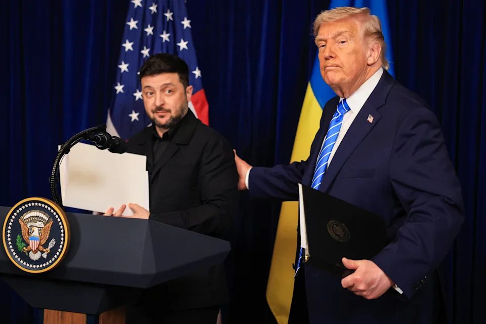 President Donald Trump and Ukrainian President Volodymyr Zelensky leave a press conference following their meeting at Trump’s Mar-a-Lago club on December 28, 2025 in Palm Beach, Florida. / Joe Raedle / Getty Images