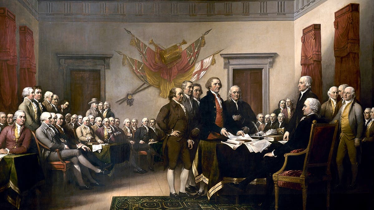 Painting showing the Committee of Five presenting the draft of the Declaration of Independence