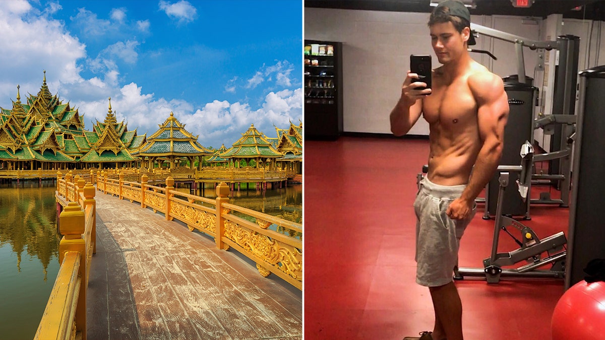 Lake in Thailand with a split image of Connor Murphy shirtless