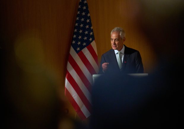 Rahm Emanuel, a potential Democratic presidential candidate and longtime defender of Israel, speaks at Tel Aviv University in Israel on July 8, 2026. (Ariel Schalit/AP)