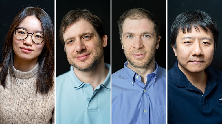 Composite image of the four Fields Medal recipients side by side. From left to right are Hong Wang, Jacob Tsimerman, John Pardon and Yu Deng.