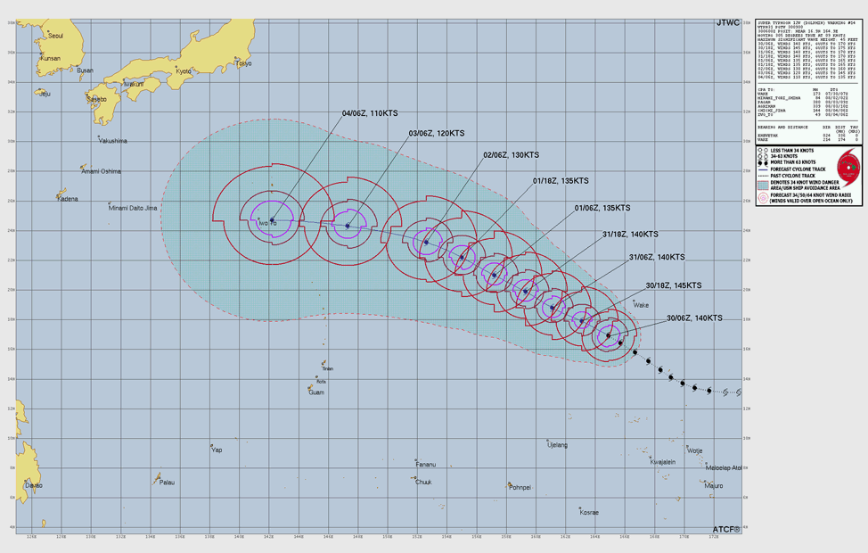 Forecast for Super Typhoon Dolphin shows it moving near to the Ogasawara Islands by Monday