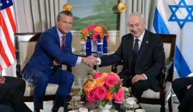 Israeli Prime Minister Benjamin Netanyahu (right) shakes hands with U.S. Secretary of Defense Pete Hegseth during a meeting at Blair House in Washington on July 29, 2026.