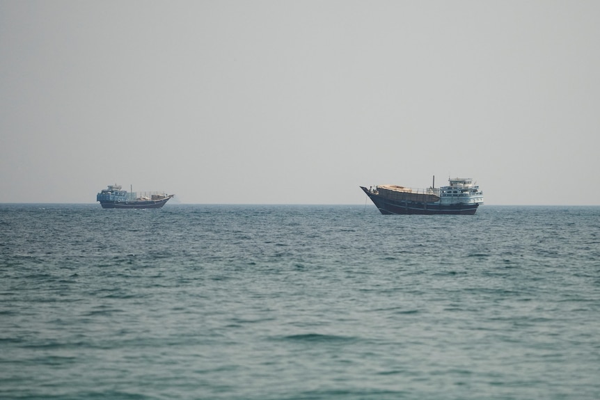 Two ships in the Strait of Hormuz, seen from Oman.