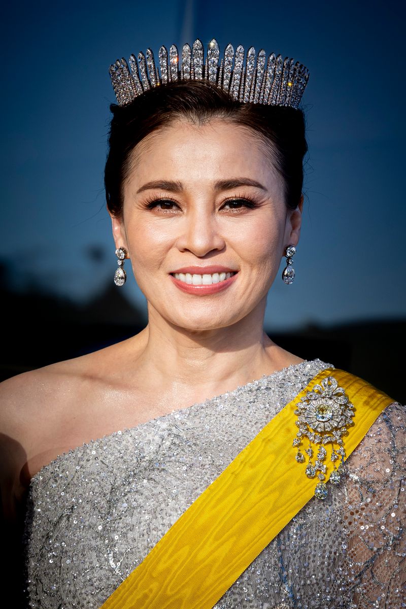 Queen Suthida of Thailand is wearing the Queen Mother's historic Sphinx Tiara.