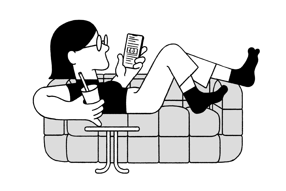 An illustrated reader looks at their phone on the couch.