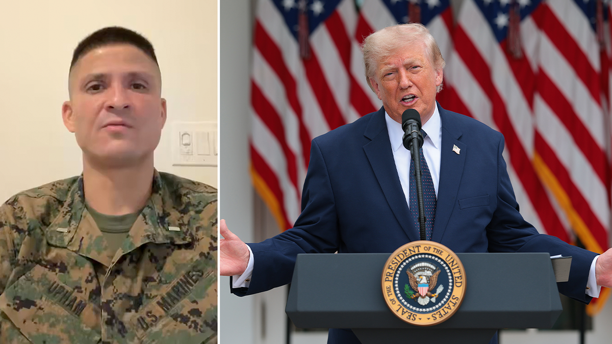 Composite image showing former U.S. Marine and Florida congressional candidate William Upham next to President Donald Trump speaking at a podium.