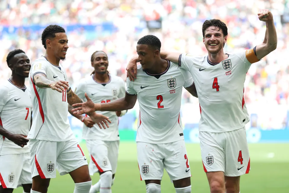 England celebrate after Ezri Konsa's goal against France