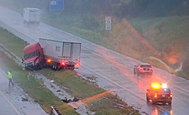 A jackknifed semi-truck is blocking the inside lane and shoulder of Interstate 80 westbound near Waukee. A jackknifed semi-truck is blocking the inside lane and shoulder of Interstate 80 westbound near Waukee.