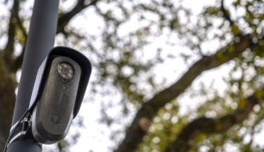A Flock surveillance camera in Houston, Texas, US, on Wednesday, Feb. 4, 2026. Flock counts more than 6,000 customers that are using its license plate readers, camera-equipped drones, gunshot detection devices and software, with customers in every state except Alaska. Photographer: Antranik Tavitian/Bloomberg via Getty Images