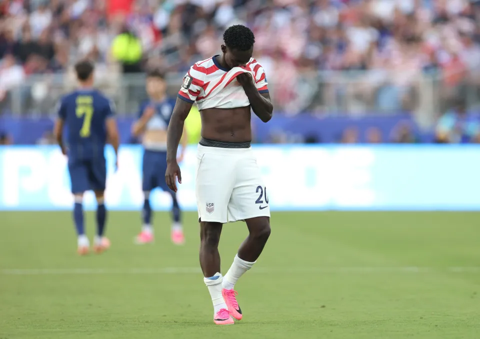 Folarin Balogun 20 of the United States reacts to receiving a red card for a foul on Tarik Muharemovic 4 of Bosnia and Herzegovina during the FIFA World Cup 2026 Round of 32 match between USA and Bosnia and Herzegovina at San Francisco Bay Area Stadium on July 01, 2026 in Santa Clara, California.
