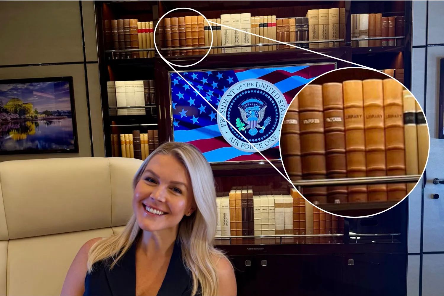 Karoline Leavitt on board the new Air Force One on July 2, 2026, with an inlay of the books that appear to read “Library.”