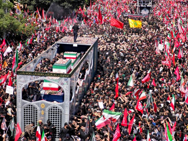 TEHRAN, IRAN - JULY 06: Mourners gather to pay final respects to Iran's slain Supreme Leader Ayatollah Ali Khamenei during the third day of his funeral ceremonies on July 06, 2026 in Tehran, Iran. Khamenei and members of his family were killed on February 28 during U.S.-Israeli strikes at the beginning of the war, bringing an end to his 36-year rule over Iran. A multi-city state funeral will be held over six days before his body is laid to rest on July 9, in his hometown of Mashhad, Iran. (Photo by Majid Saeedi/Getty Images)