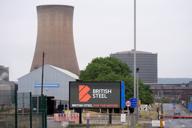 SCUNTHORPE, ENGLAND - JULY 16: A sign outside British Steel's Scunthorpe works declares 'British Steel For The Nation' on July 16, 2026 in Scunthorpe, England. The UK government announced this morning that it was taking British Steel into public ownership in a bid to "protect UK steelmaking." The government had previously taken control of operations at the Scunthorpe steelworks, which employs around 2,700 people and had been owned by the Chinese firm Jingye Group. (Photo by Christopher Furlong/Getty Images)