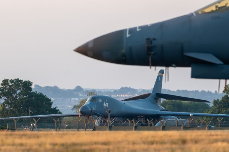 FAIRFORD, ENGLAND - JULY 25: A B1 Bomber at RAF Fairford on July 25, 2026 in Fairford, England. Iran's Islamic Revolutionary Guard Corps (IRGC) has declared RAF Fairford in Gloucestershire a "legitimate target" after U.S. Air Force B-1B Lancer bombers used the British base to launch defensive bombing missions against Iranian military targets. (Photo by Matthew Horwood/Getty Images)