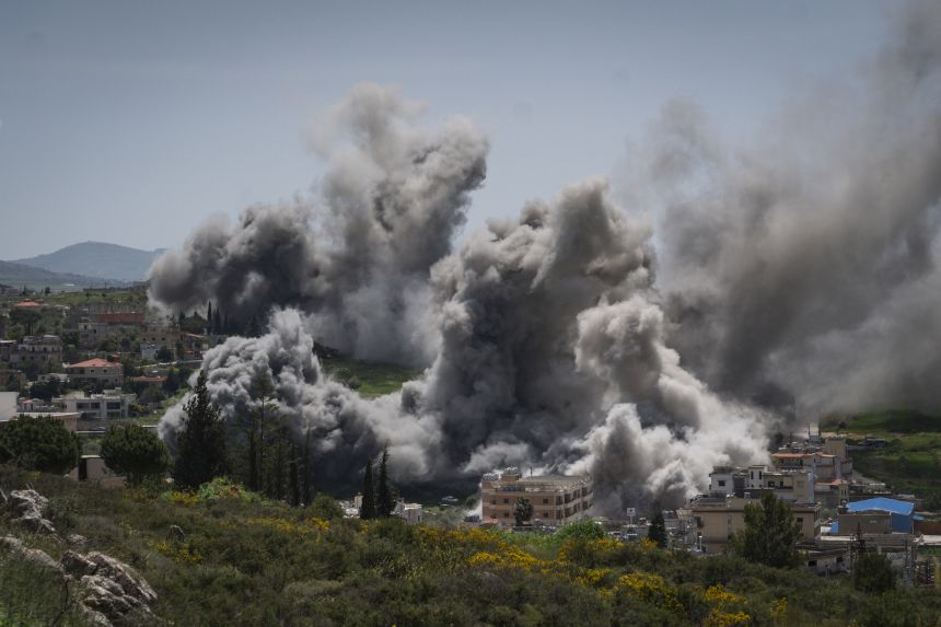 An airstrike is seen on April 16 in Nabatieh, Lebanon.
