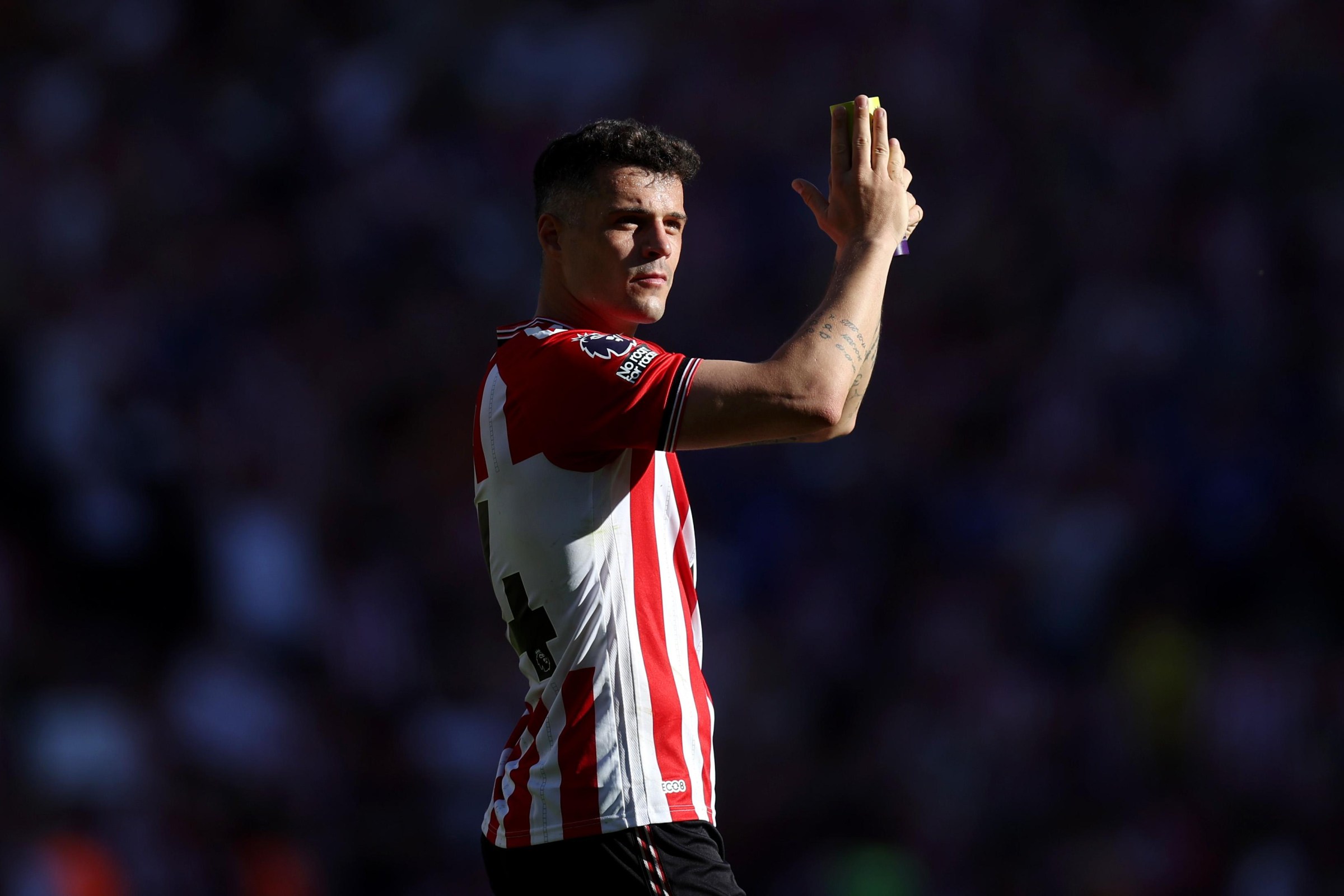 SUNDERLAND, ENGLAND - MAY 24: Granit Xhaka of Sunderland applauds the fans following the Premier League match between Sunderland and Chelsea at the Stadium of Light on May 24, 2026 in Sunderland, England. (Photo by George Wood/Getty Images)