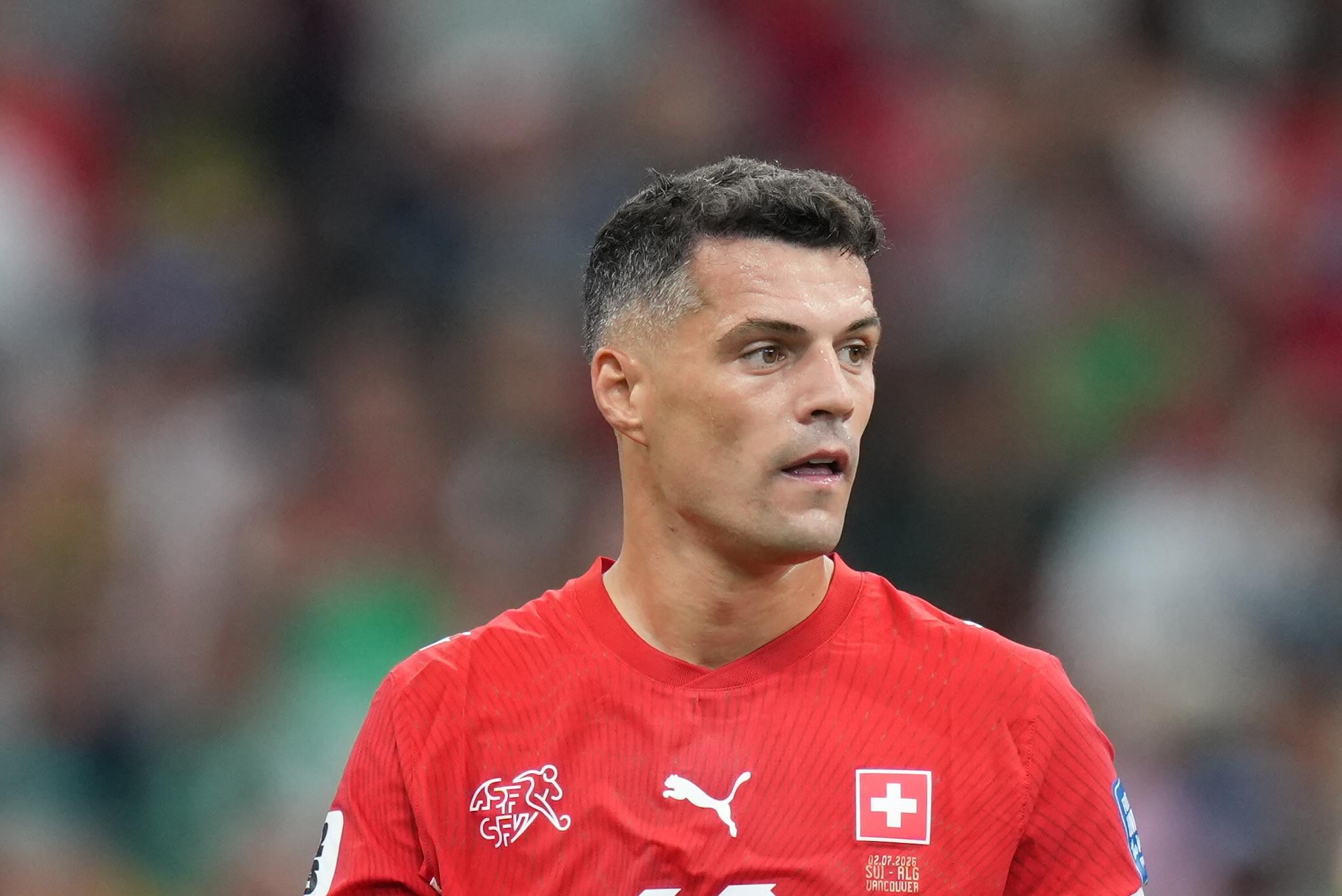 VANCOUVER, CANADA - JULY 02: Granit Xhaka of Switzerland in action during the 2026 FIFA World Cup Round of 32 match between Switzerland and Algeria at BC Place (Vancouver Stadium) in Vancouver, British Columbia, Canada on July 02, 2026. (Photo by Ercin Erturk/Anadolu via Getty Images)