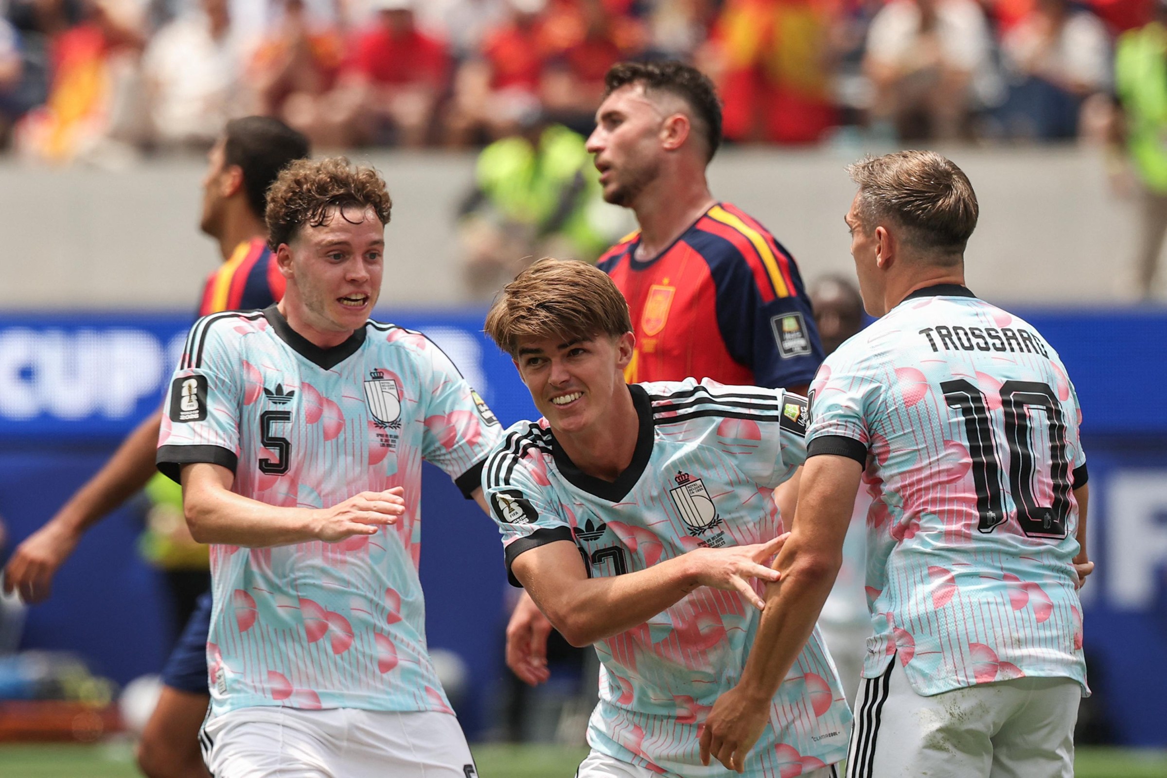 Belgium’s forward #17 Charles De Ketelaere (C) celebrates scoring his team’s first goal during the 2026 World Cup football tournament quarter-final match between Spain and Belgium at the Los Angeles Stadium in Inglewood on July 10, 2026. (Photo by ETIENNE LAURENT / AFP via Getty Images)
