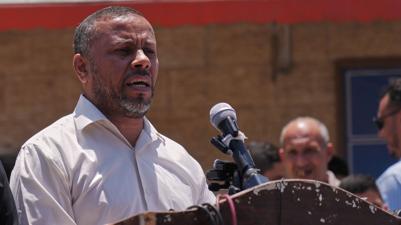 Ismail al-Thawabta, general director of the Hamas-run government media office, speaks during a press conference at Al-Aqsa Hospital in Deir al-Balah, central Gaza Strip, Monday, July 6, 2026. (AP Photo/Jehad Alshrafi)