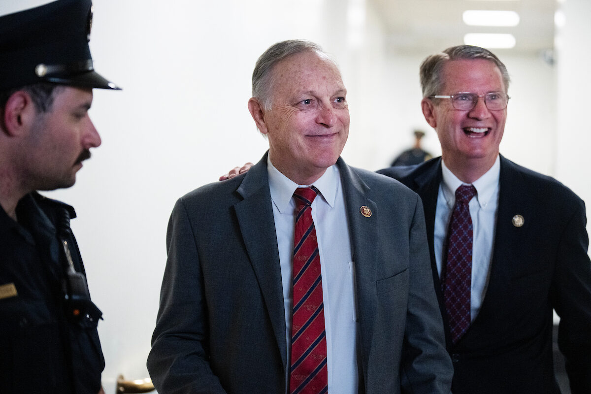 Arizona Rep. Andy Biggs, center, here with Tennessee Rep. Tim Burchett, right, after a House Republican Conference meeting in 2025, has won the Republican nomination for governor. (Tom Williams/CQ Roll Call)