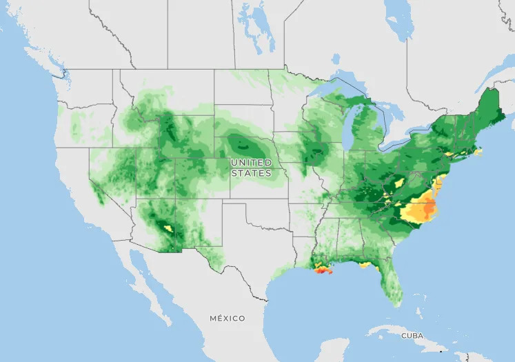 A forecast map from the National Centers for Environmental Prediction showing where heavy rain is expected across the United States on July 20, 2026.