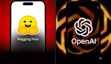 A split screen illustration featuring the logos of Hugging Face and OpenAI.