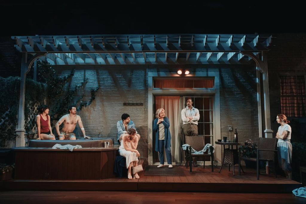 Zoë Winters, Nate Mann, Eli Gelb, Molly Ranson, Liz Larsen, Hale Appleman, and Molly Bernard in MCC Theater’s 2026 production of "Birthright" (Emilio Madrid)