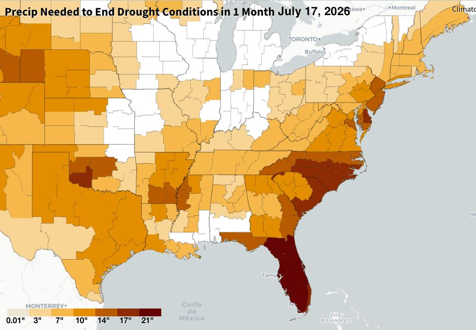 A map showing extensive drought across most of the Eastern United States.