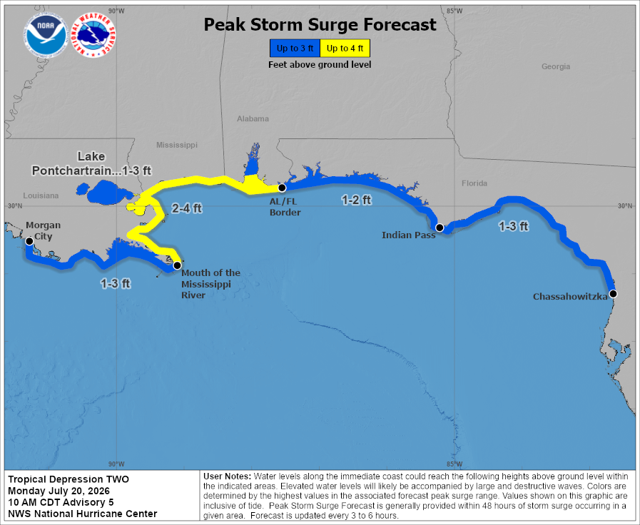A map of the storm surge forecast along the Gulf Coast from Morgan City, Louisiana to Chassahowitzka, Florida. The storm surge forecast is greatest from the mouth of the Mississippi River to the Alabama / Florida border.
