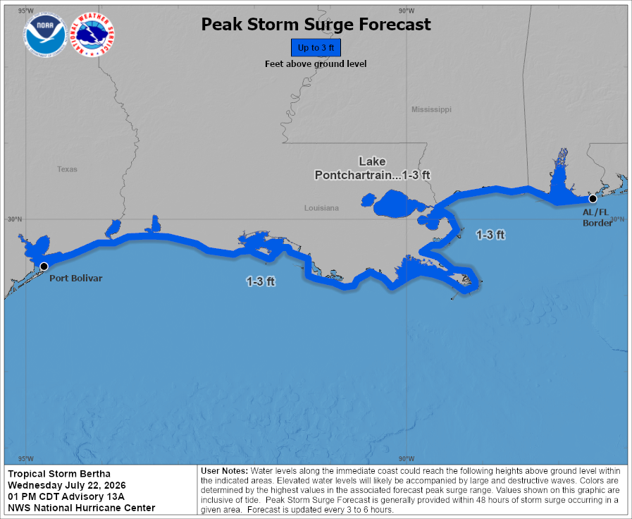 A map of the Gulf Coast shows a storm surge forecast of one to three feet