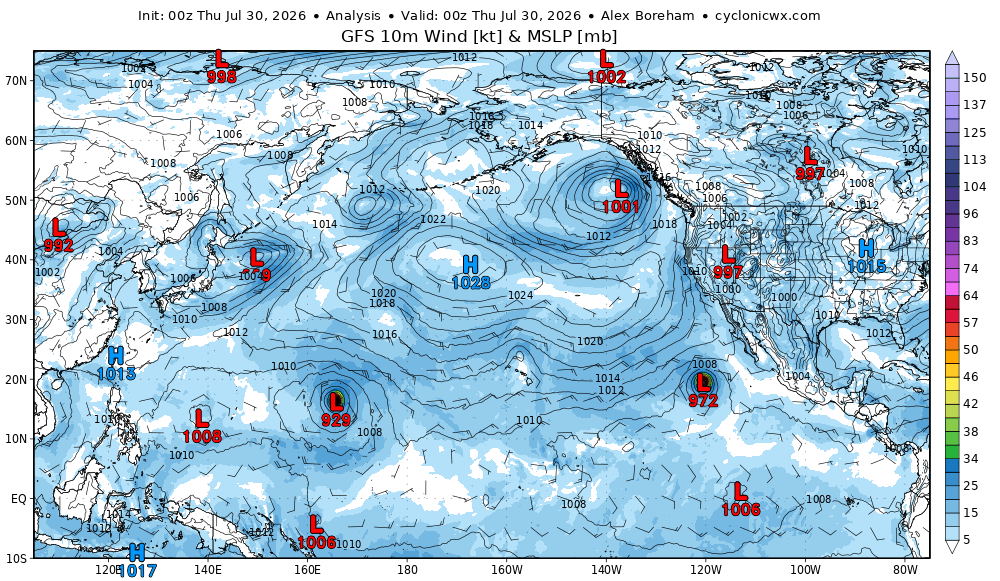 A map showing high and low pressure systems in the Pacific Ocean