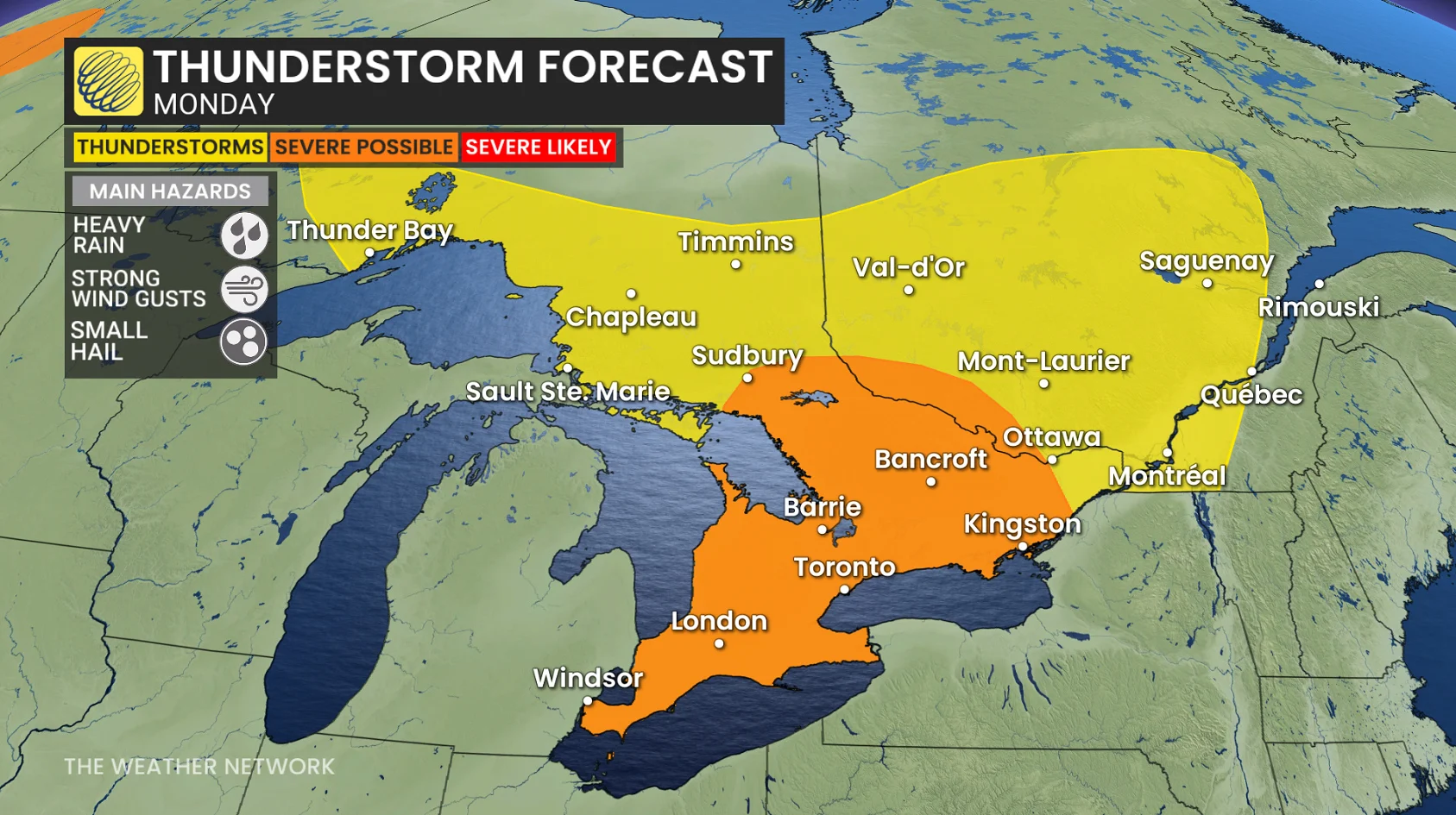 Ontario storm risk map Monday
