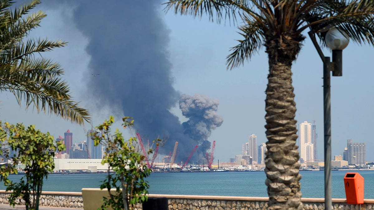 Smoke rises after Iran carried out a missile strike on the main headquarters of the U.S. Navy's 5th Fleet in Manama in retaliation against US-Israeli attacks, in Bahrain February 28, 2026.