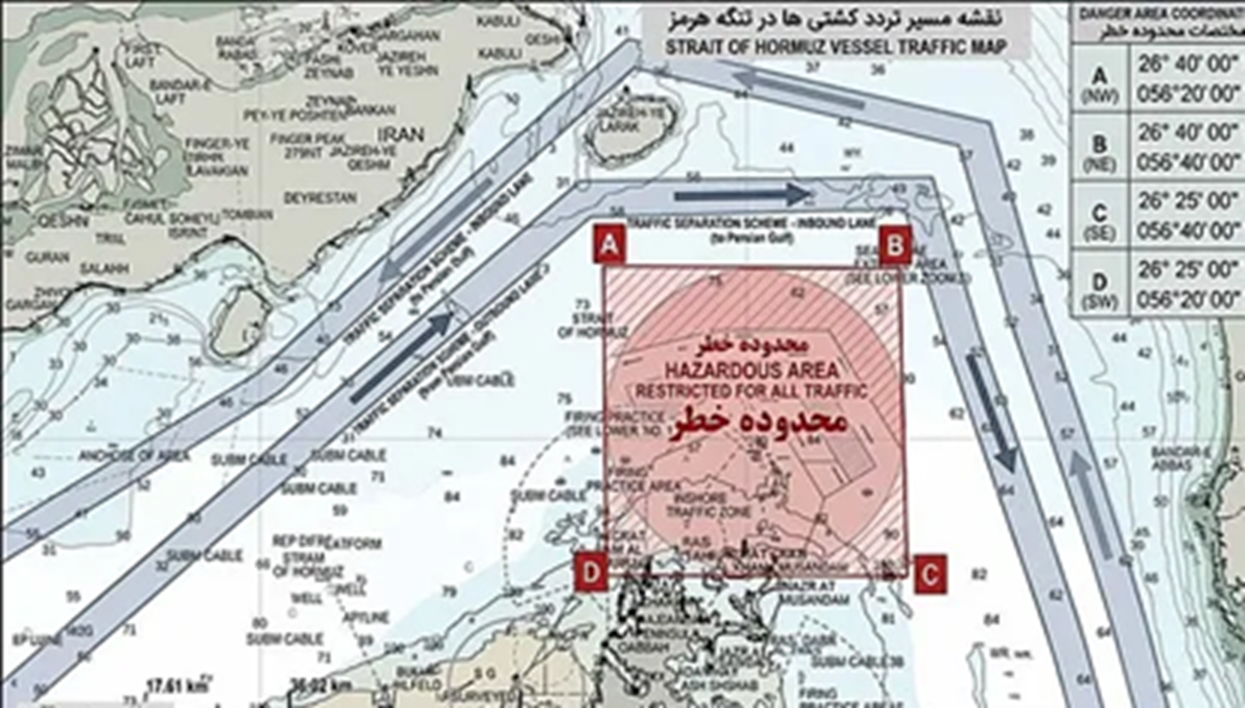 Iran’s map for oil tankers to guide them past sea mines in the Strait of HormuzCredit: ISNA