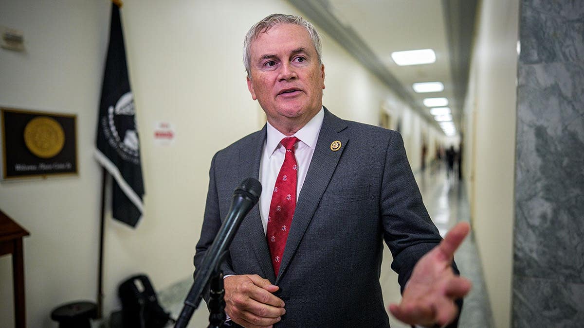 Rep. James Comer speaking to reporters at a podium in Washington, D.C.