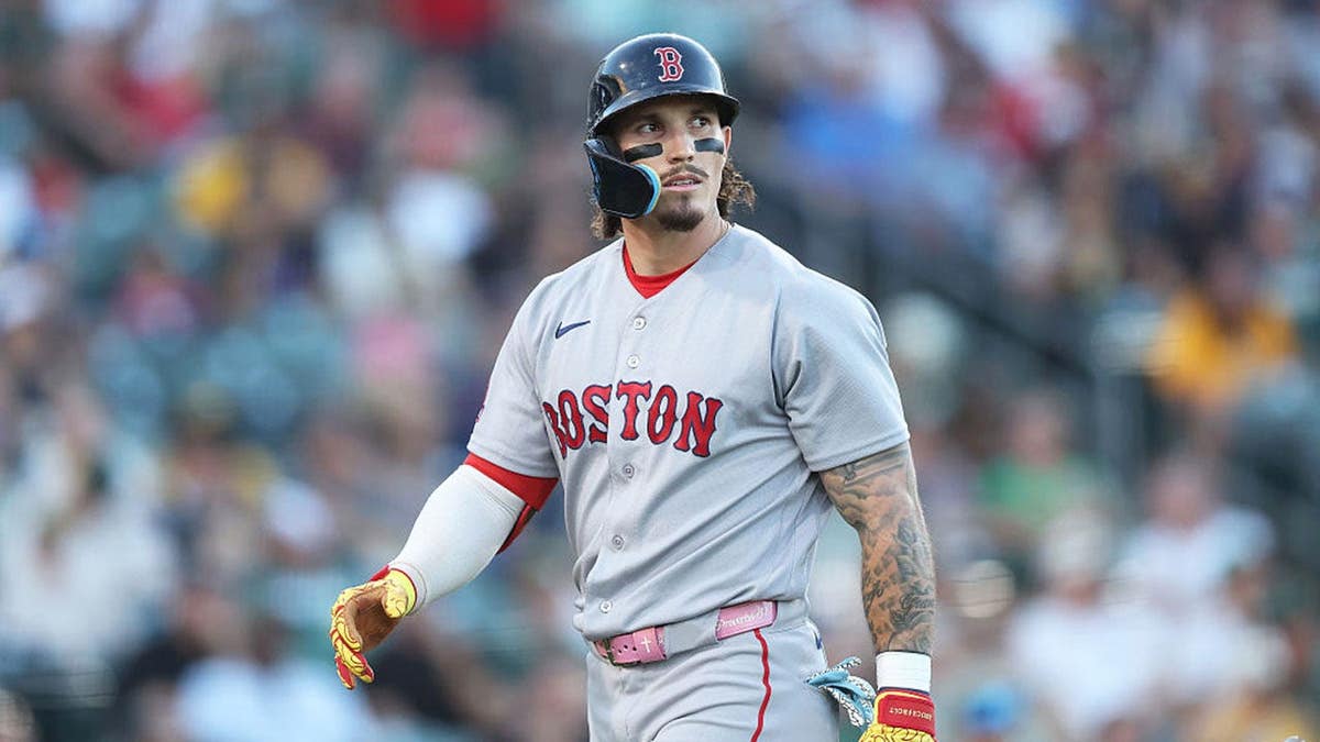 Jarren Duran of the Boston Red Sox looks on after an at-bat.